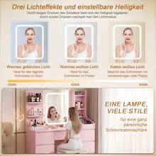 Devoko Vanity Unit With LED Lighting, 3-Stage Brightness Control, Vanity Unit With Adjustable Mirror, 7 Drawers And Open Shelves, Modern Wooden Dressing Table For The Bedroom, Stylish Contemporary Design, Stepless Dimming, White/Pink/Black - 查看 3