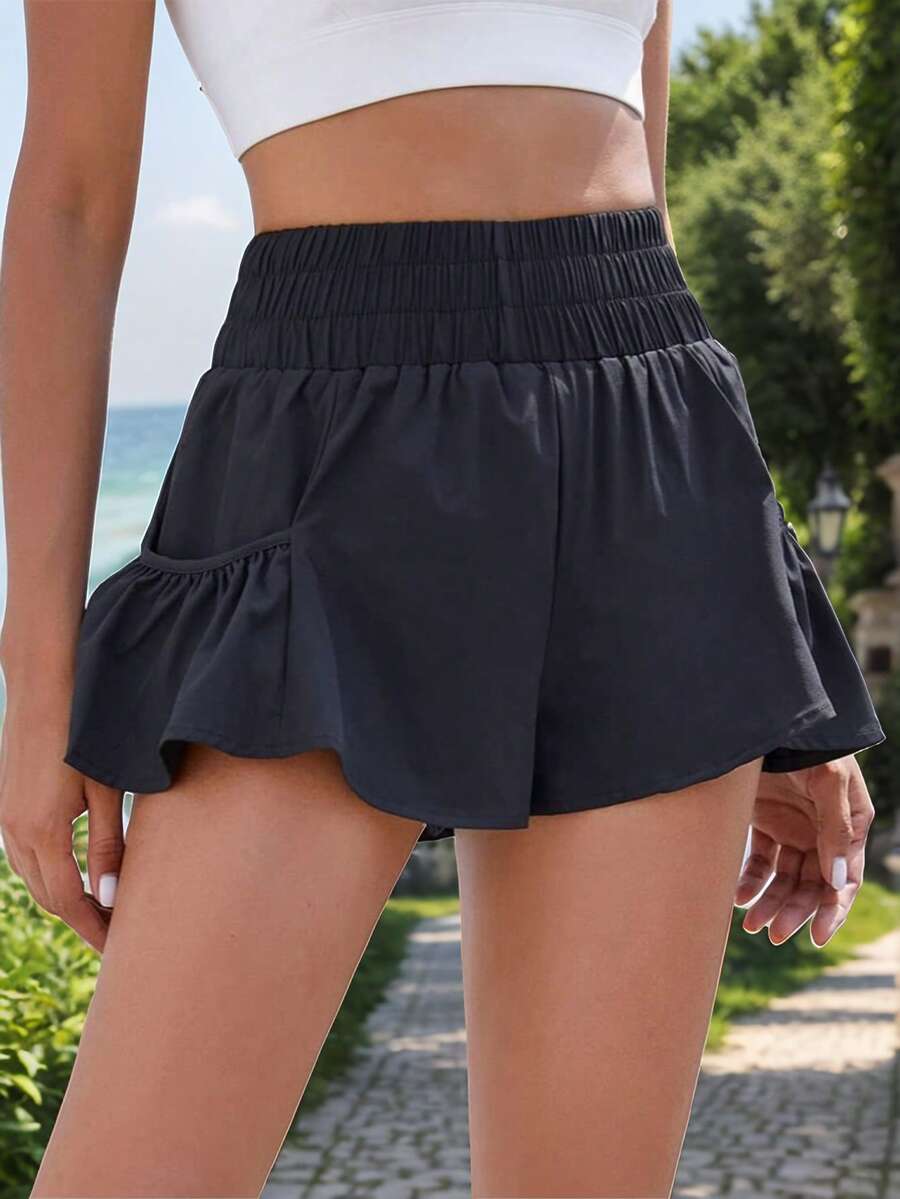  Women Athletic Shorts High Waisted Running Shorts Flowy Ruffle Skirt For Workout Running Tennis With Pockets - 黑色 - 查看 1