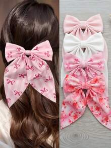 4 件装女士女孩大号蝴蝶结发夹，法式缎带蝴蝶结发卡，超大纯色粉白花朵蝴蝶结发饰，适合日常、派对、婚礼等场合，美观俏皮发夹 - 彩色 - 查看 2
