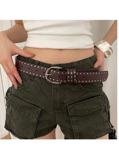 1 ชิ้น เข็มขัดผู้หญิงลำลองสีน้ำตาล ประดับหมุดเรียบง่าย เหมาะสำหรับกางเกงยีนส์และกางเกงลำลอง