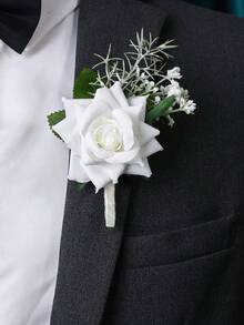 1朵纯白玫瑰花配泡沫满天星浪漫胸花，适合新郎、伴郎、新娘、伴娘、婚礼装饰、正式场合、派对、夏季、海滩、节日、生日等场合。 - 純白色 - 查看 2