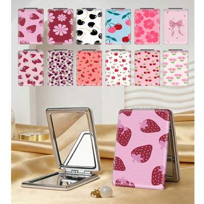 1 chiếc gương trang điểm cầm tay di động họa tiết trái cây Y2K, có thể gập lại, nhẹ và nhỏ gọn, chất liệu da PU bền, phù hợp với nhiều mục đích sử dụng, có các họa tiết in hình dâu tây, anh đào, hoa, trái tim, dưa hấu, gương bỏ túi hình chữ nhật có thể gập lại, tiện lợi mang theo.