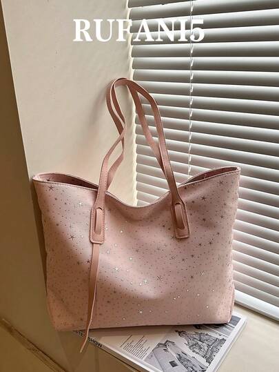 时尚纯色大容量星形图案拼接手提包，经典百搭通勤实用女士单肩包，适合购物、装钱包、休闲出行，适合年轻女性、大学生、职场新人及白领人士。也非常适合办公室、大学、工作、商务、通勤、户外活动、旅行和郊游等场合。