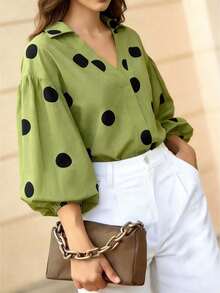 女士优雅衬衫 - 绿色波点前开襟衬衫，长灯笼袖，V领上衣，适合办公室、正式场合和日常休闲穿着 - 四季皆宜的女士春季上衣 - 綠色 - 查看 4