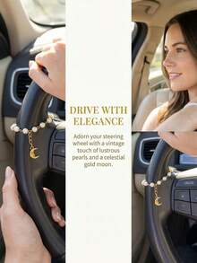 1pc Golden Pearl Moon Pendant Car Steering Wheel Decor Bracelet, Suitable For Women And Most Car Models - A - View 3