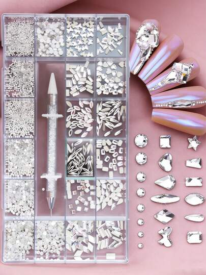 混合AB红蓝玻璃水晶钻石扁平水钻美甲装饰21格盒装美甲配件套装，含1支点钻笔