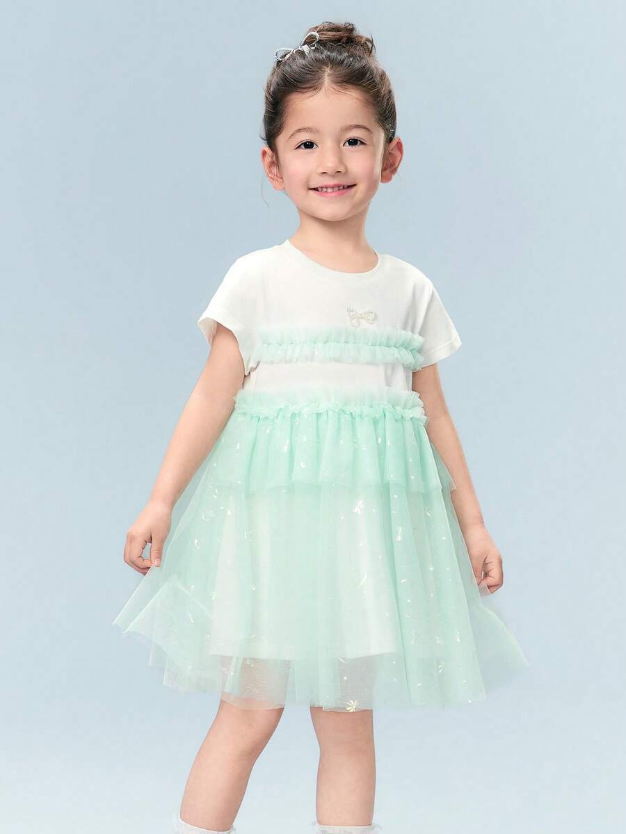 Balabala Vestido de tul degradado de verano para niñas 2026, con detalles de perlas y lazo, malla suave y transpirable, estilo elegante de princesa - tinte verde - Ver 1