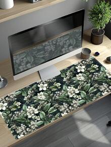绿叶白花图案鼠标垫，桌面垫/地毯式鼠标垫，有大小两种尺寸可选，底部采用防滑橡胶材质并带有缝线，适合室内和客厅装饰，兼容台式机和笔记本电脑。 - 查看 1