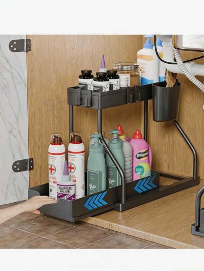 Tủ đựng đồ dưới bồn rửa bằng nhựa hai lớp có ngăn kéo trượt - Giải pháp lưu trữ đa chức năng cho nhà bếp và phòng tắm, màu đen.