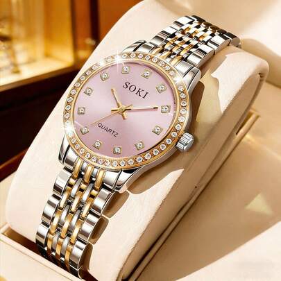 SOKI Đồng hồ nữ mạ vàng, mặt tròn đính kim cương, dây đeo hợp kim, phong cách thường ngày sang trọng, máy quartz. Thích hợp làm quà sinh nhật, quà tựu trường, quà lễ hội. Cũng là món quà lý tưởng cho bản thân hoặc bạn bè. Không có hộp đựng.