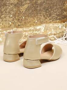 1 Pair Blue Girls' High Heel Sandals, Solid Color Soft Suede With Stitching + PU Fish Toe Chunky Heel, Classic Round Toe Open Toe Horseshoe Chunky Heel Design, Fashionable Festive Cute Wedge Sandals Suitable For Daily, Holiday, Party, Vacation, Outdoor Wear, Spring Summer New 2026 - Gold - View 6