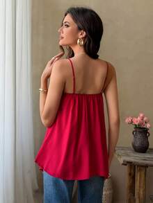 PoPoHouse Women's Summer Sexy Hot Girl Red Lace V-Neck Loose Cami Top For Loungewear Beach Vacation Daily Outings Parties Date Night - Red - View 2