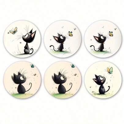 Bộ 6 đế lót ly hình mèo đen dễ thương đuổi theo bướm, lót ly chống bỏng hình mèo hoạt hình, quà sinh nhật cho người yêu mèo, đồ trang trí nhà cửa, quà tân gia.