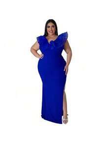 Women's Solid Color Fitted Party Dress - Blue - View 1