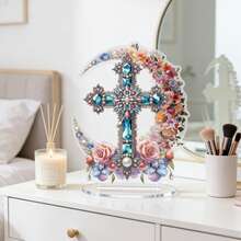 2026 Nuevo Adorno de cruz cristiana de 2D plano de acrílico con rhinestones florales, ornamento de escritorio de cruz barroca vintage con flores de piedras preciosas y perlas, decoración religiosa bohemia durarable e impermeable para el hogar y la iglesia, gran regalo para cristianos - A - Ver 5