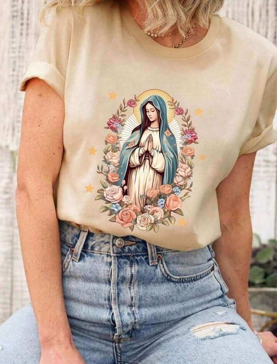 Women's T-Shirt "Pray For Us" Round Neck Short Sleeve Cotton Basic Fashion, All Styles - 卡其色 - 查看 1