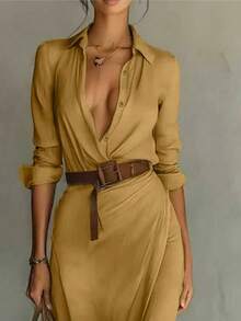 纯色优雅腰部褶裥前开襟纽扣女士黄色长连衣裙，V领长衬衫裙，无弹力面料，A字裙摆（不含腰带） - 鵝黃色 - 查看 3