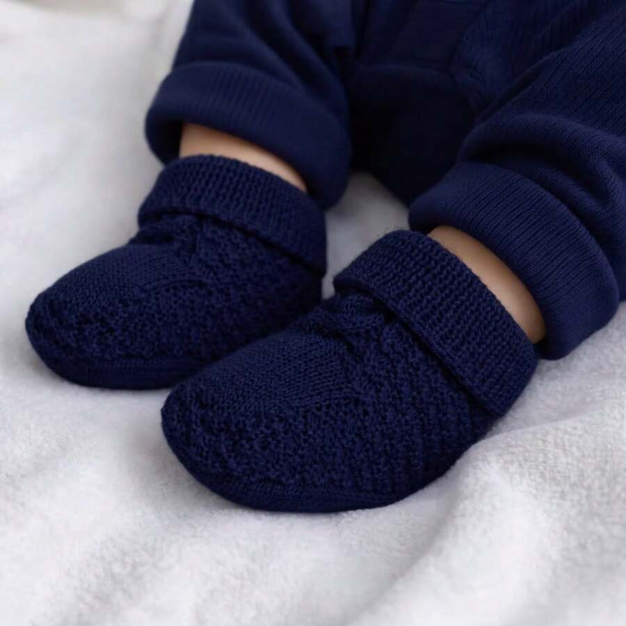 Knitted Baby Booties For Newborn Boys And Girls, Knitted Winter Items, Baby Layette - 藏蓝色 - 查看 1