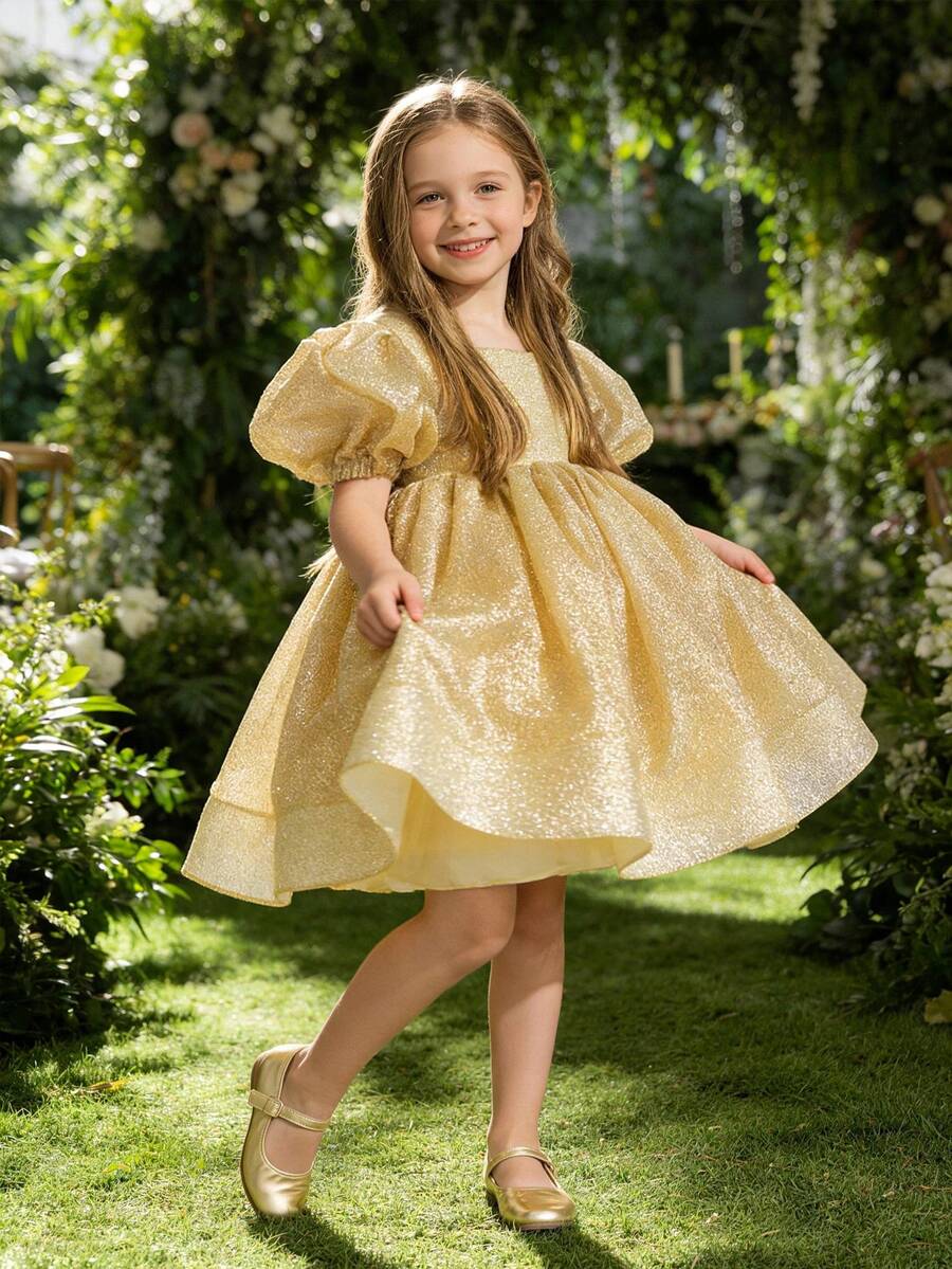 Vestido de niña con mangas abullonadas, escote en V profundo y lazo en la espalda, con lentejuelas color champán. Vestido de princesa adecuado como regalo de cumpleaños para niños, fiesta, baile de graduación, niña de las flores en bodas, celebraciones festivas. - Dorado - Ver 1