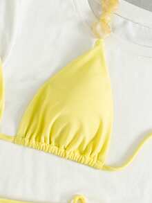 Bikini de dos piezas con parte superior de cuello triangular de unicolor y pantalones tipo brasileño, adecuado para vacaciones de verano en la isla, natación y playa - Amarillo - Ver 6