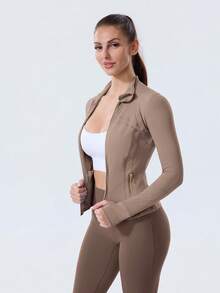 Women's High-Stretch Sculpting BBL Jacket With Thumb Holes Gold Zip Stand Collar Multi-Occasion Activewear Top - Màu nâu xám/Vàng - Xem 5