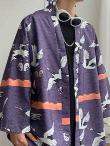 Japanese Ukiyo-E Style Crane Print Kimono Cover Up, Loose Fit For Summer Beach Vacation, Niche Design Swimsuit Cover-Up - Purple - View 3