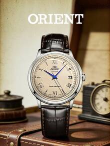 Orient Men's Automatic Mechanical Watch FAC00009N0, Classic Beige Dial, Blue Hands, Domed Crystal, Brown Leather Strap, Elegant Aristocratic Style, Suitable As A Gift For Father, Mentor, Husband For Academic Conferences, Museum Exhibitions, Thanksgiving, Wedding Anniversaries - Brown - View 2