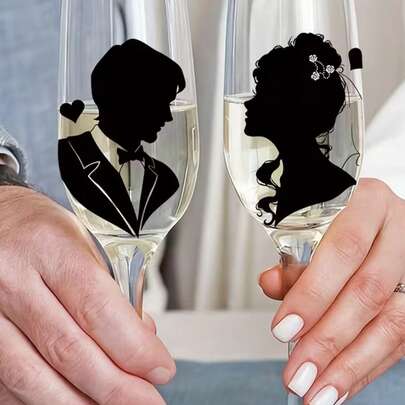 Bộ 2 miếng dán ly sâm panh cưới, thiết kế cô dâu chú rể, dùng để trang trí tiệc cưới lãng mạn, vẽ tranh trên kính, tiệc theo chủ đề ngày lễ, tạo không khí lãng mạn, trang trí ly ngày Valentine.