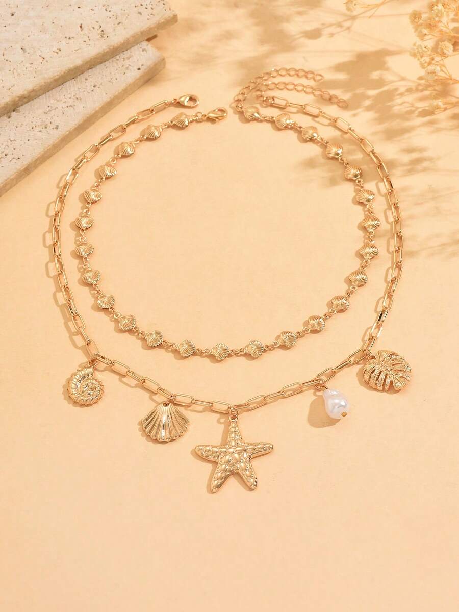 Bộ 2 dây chuyền nhiều lớp phong cách Boho đại dương, mặt dây chuyền hình vỏ sò và sao biển màu vàng, thích hợp để đeo hàng ngày, đi nghỉ mát, hẹn hò, dự lễ hội âm nhạc. Làm thủ công, có thể điều chỉnh độ dài. - Nhiều màu - Xem 1
