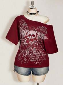2026 Summer Collection,Retro Gothic Plus Tee: Distressed Skull & Rose, Y2K Punk Style, Sizes S-7XL, Ships 24H - Red 1 - View 3