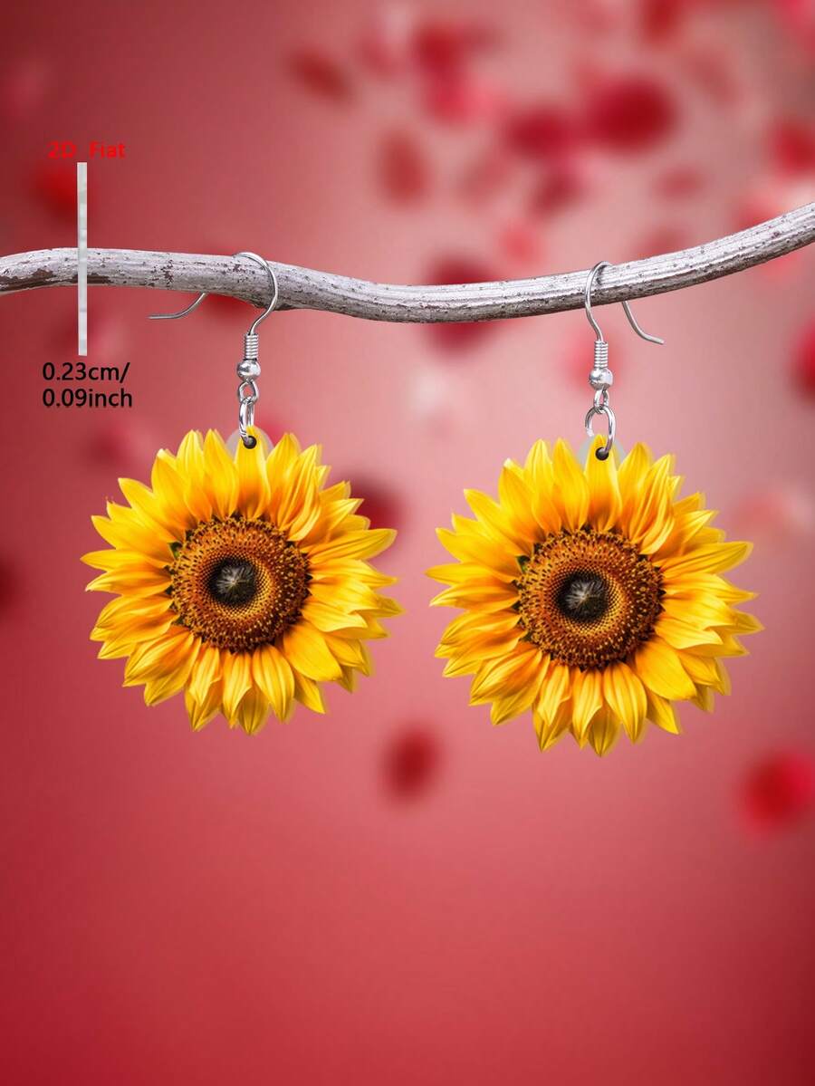 1 par de pendientes de acrílico con diseño plano de girasol 2D, joyería de estilo minimalista elegante para mujeres, adecuada para uso diario y de fiesta - Amarillo - Ver 1