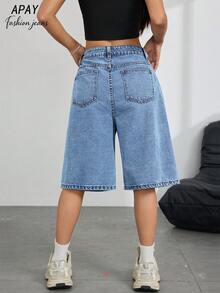 Celana Pendek Bermuda Denim Polos Wanita Kasual Musim Panas - Light Wash - View 4