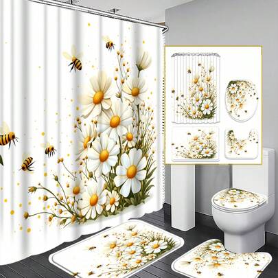 雏菊与蜜蜂浴室浴帘套装（1/3/4 件装）；清新自然设计，防水耐用，尺寸 71 英寸 x 71 英寸，包含 12 个挂钩、马桶盖、浴垫和地毯，多种尺寸可选，配套齐全，适合节日装饰、房间装饰、乔迁之喜、浴室装饰、浴室套装、旅行必备，也是返校/毕业/母亲节的理想礼物。