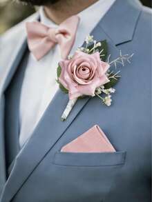 3pcs Solid Color Wedding Rose Boutonniere & Bow Tie Pocket Square Set, Suitable For Groom, Groomsmen, Wedding, Prom - 1 Boutonniere+1 Bow Tie+1 Pocket Square - View 13