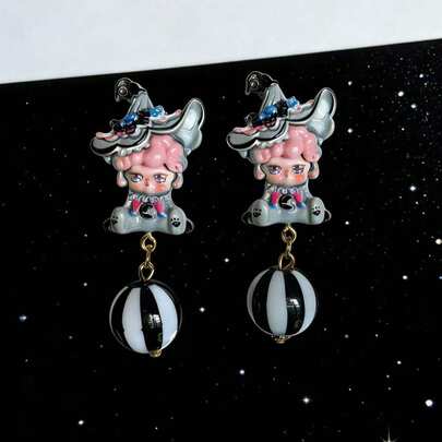 1 đôi (2 chiếc) khuyên tai nhựa dễ thương, kiểu hoạt hình tối màu - Thiết kế hoạt hình tông xám + mặt dây chuyền hình quả cầu sọc đen trắng, phụ kiện cá nhân hóa, khuyên tai dáng dài, phụ kiện đi biển cho nữ, mùa hè