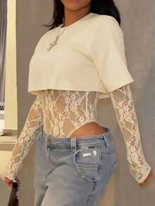 corta de mujer de encaje transparente de manga corta, body sexy de unicolor con parches de encaje transparente para uso diario, citas, fiestas de solteros, actuaciones en el escenario, elegante para primavera/verano en color negro - Albaricoque - Ver 4