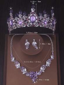Bridal Crown Necklace Earrings 3 Pieces Set Purple Wedding Accessories Evening Party Birthday Headpiece Bridal Wedding Jewelry Crown Set Necklace - Silver - View 2