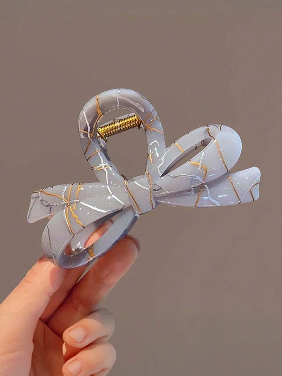 1pc Retro Minimalist Blue-Gray Bow Hair Clip, Women Bun Hairstyle Accessory Summer Outfits Beach Claw Clips Vacay Hair Clips - Multicolor - View 1