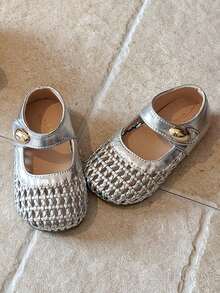 1 Pair Summer New Girls Woven Hollow Mary Jane Shoes, Toddler Soft Bottom Non-Slip Princess Shoes, Kids Hook And Loop Breathable Leather Shoes - Silver - View 4