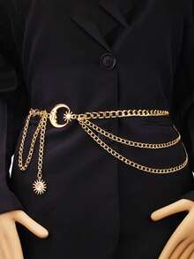 1pc Women's Metallic Waist Chain, Versatile Moon Decor Waist Belt, Multi-Layer Metal Cinch Belt For Dress Decor Summer, School Fall, Autumn, Halloween - Gold - View 13