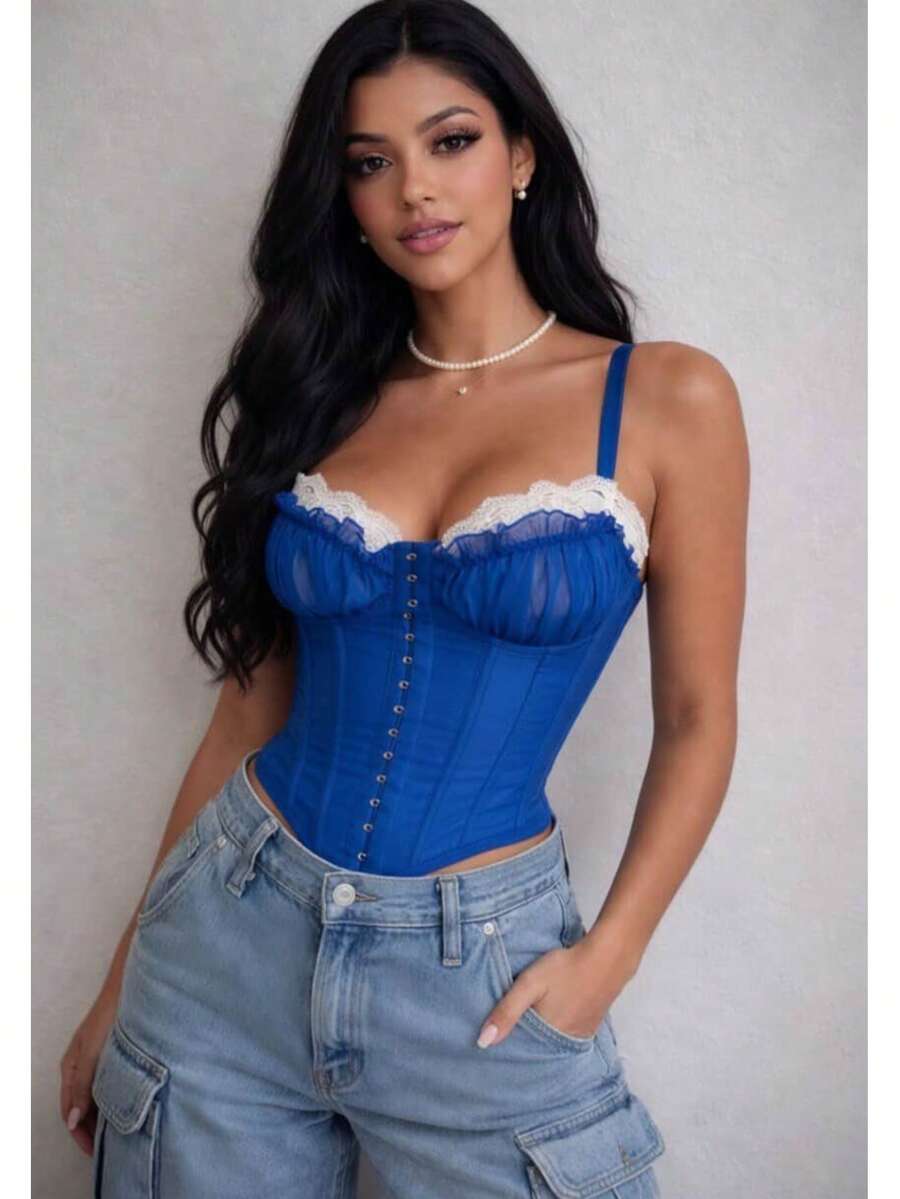 Women's Sexy Structured Lace Cropped Corset With Adjustable Straps And Reinforced Boning, Elegant Shaping Top, Fashion Party Night Outfit, Women's Tank Top - 寶藍色 - 查看 1
