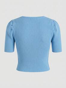 Top corto de punto para mujer, manga corta abullonada, tejido acanalado, cuello redondo, ajuste elástico, diseño juvenil y femenino, ideal para combinar con jeans, shorts y faldas, prenda ligera ideal para primavera y verano, estilo casual y elegante, ideal para el colegio o looks de oficina, outfits urbanos y looks cómodos - Azul - Ver 5