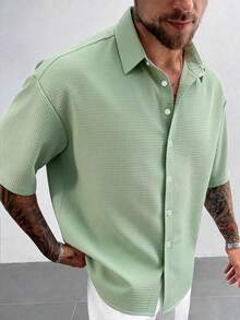 Men's Solid Color Short Sleeve Single-Breasted Casual Shirt - Green - View 3