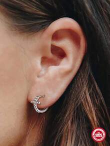 1 Đôi bông tai vòng nhỏ nhắn, thanh lịch bằng bạc sterling 925 mạ vàng 18K/bạc đính đá CZ hình thánh giá, không gây dị ứng, ít gây kích ứng, thích hợp làm quà tặng cho phụ nữ và bé gái, đeo hàng ngày, dự tiệc hoặc đám cưới. - Bạc - Xem 1