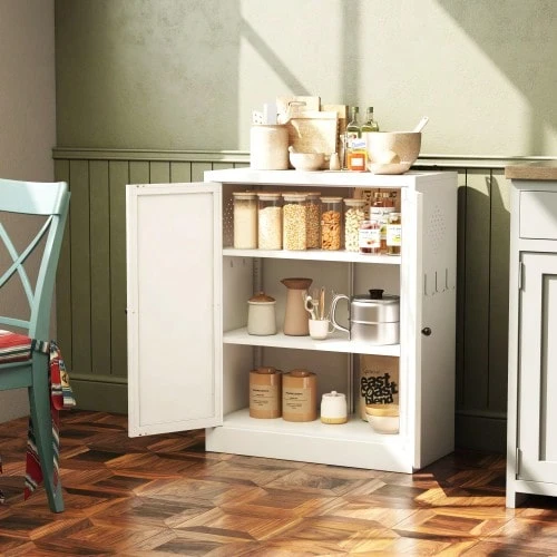 88 Cm High, Freestanding Storage Shelf In White Metal – Kitchen Cabinet With Height-Adjustable Shelves, Ergonomic Handles, Assembly Required, Space-Saving Kitchen Storage. - 白色 - 查看 1