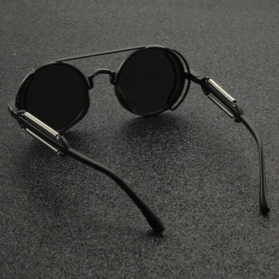 Unisex Steampunk Fashion Glasses With Vintage Metal Spring Decoration, Round Large Frame Women's Glasses, Men's Cool Black Hip-Hop Party Glasses - Khung đen, màng đỏ - Xem 1