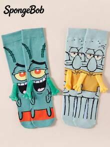 SpongeBob SquarePants 1/2 Đôi tất đôi/tất bạn thân thiết kế hoạt hình dễ thương độc đáo, kiểu Nhật Bản/Hàn Quốc, dài đến bắp chân, có nam châm, thích hợp cho mùa xuân/thu. - Nhiều màu - Xem 1