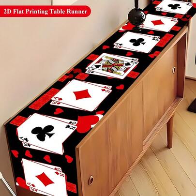 1 件心形图案扑克牌桌旗，长方形桌面装饰，适用于扑克之夜、纸牌派对、家居装饰、厨房和节日装饰