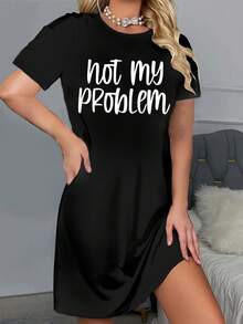 Letter Print Tee Dress, Casual Short Sleeve Dress For Spring & Summer, Women's Clothing - 黑色 - 查看 1