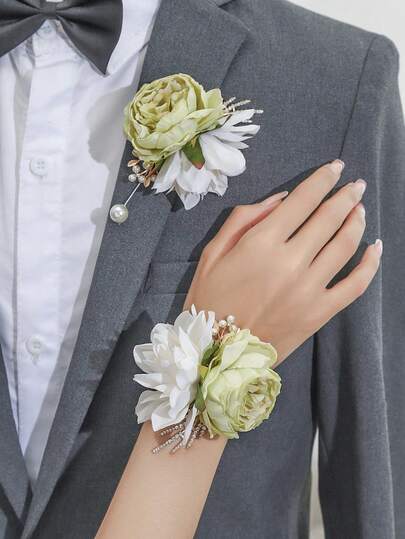 1朵/2朵绿白玫瑰花，配以奢华金属合金，优雅胸花和腕带，适合新郎、新娘、伴郎、伴娘、婚礼装饰、正式场合、周年纪念日等。
